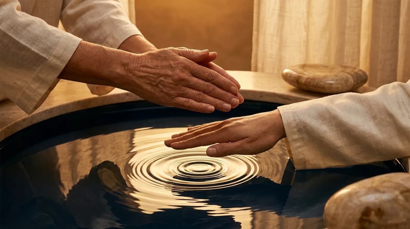 A single water droplet suspended above concentric ripples at dusk, with the words 'Silent Luxury' beneath.