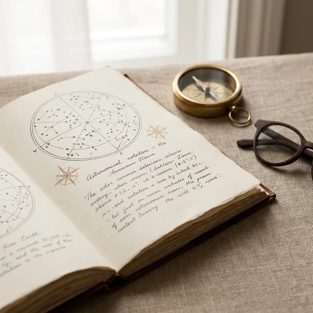 An open journal of handwritten astronomical notation, showing a star chart and compass rose, resting on linen beside a brass compass and reading glasses.